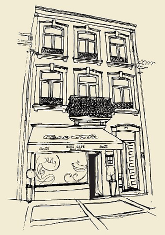 Desenho a tinta do edifício do Café Ritz, na Praça da República